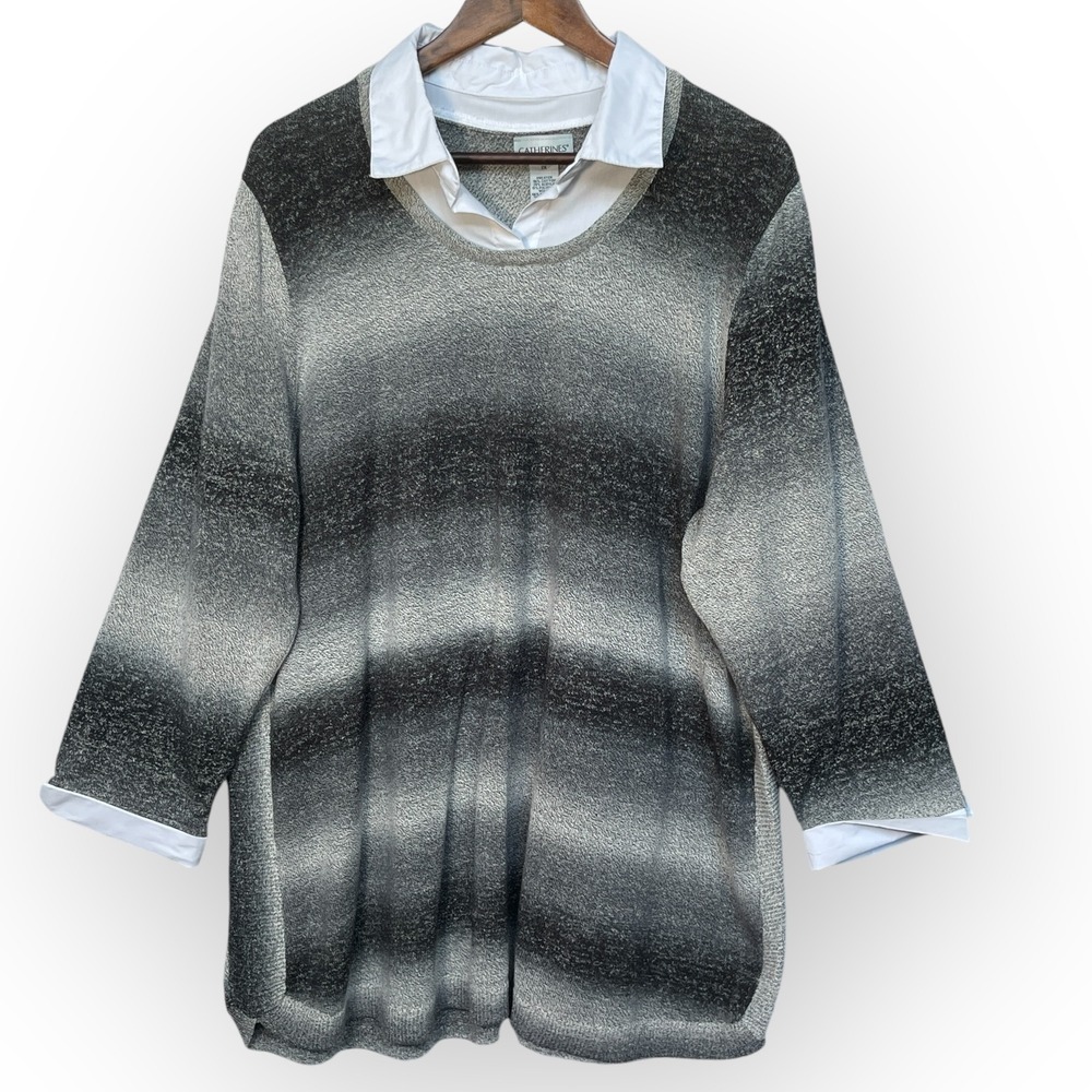 Catherines Plus Size 2X Ombre Stripe Knit Sweater Faux Collared Shirt Top